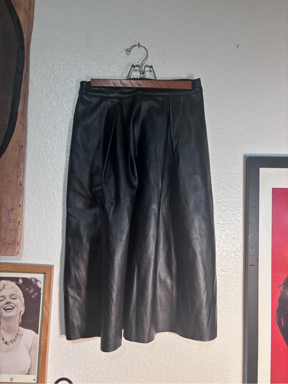 ASOS Black Faux Leather Midi Skirt with Subtle Pleats